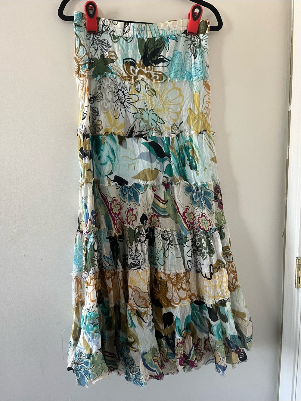 Y2K Blue Brown Floral Patchwork 100% Cotton Tiered Maxi Skirt Small Beach